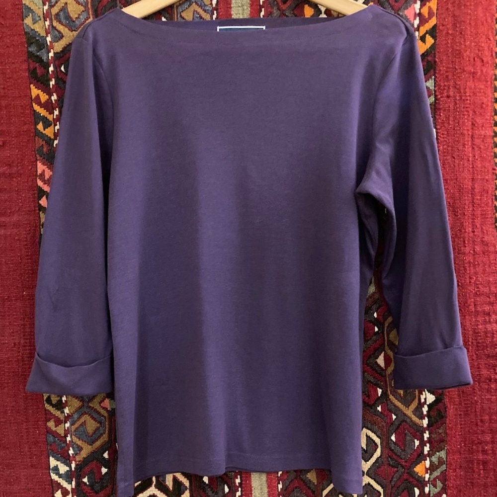 Karen Scott - L - Purple Boat Neck Shirt - Cuffed Sleeves - Great for Vacay!